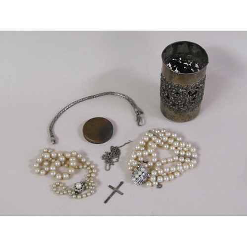 1385 - SILVER BOTTLE SLEEVE TOGETHER WITH TWO STRANDS OF PEARL BEADS, CRUCIFIX AND SEAL IN BOX