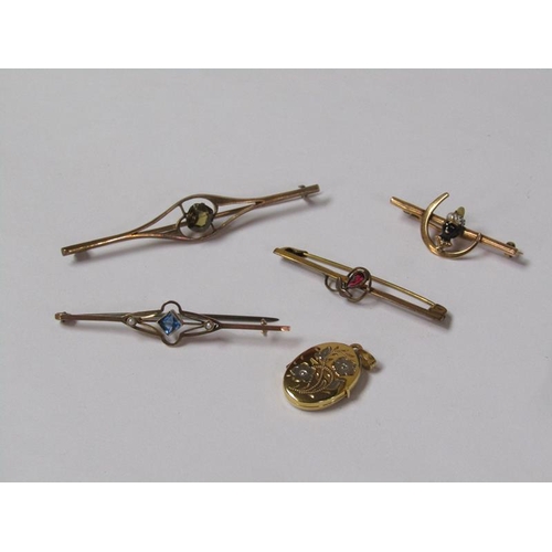 1394 - COLLECTION OF FOUR 9ct GOLD STONE BAR BROOCHES AND ONE PENDANT LOCKET