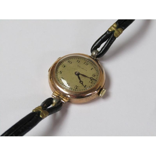 1396 - TWO 9ct GOLD LADIES WATCH MOVEMENTS, ONE WITH MATERIAL STRAP AND ONE WITH GOLD CRESCENT BRACELET