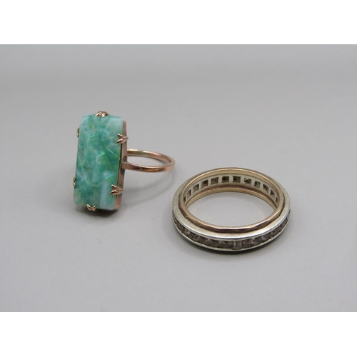 1415 - GOLD CARVED JADE SET RING TOGETHER WITH A GOLD WHITE STONE SET ETERNITY RING