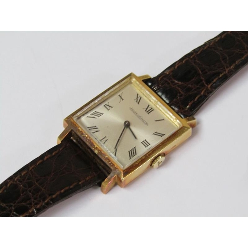 1422 - 18ct GOLD JAEGER LE COUTRE GOLD WATCH ON LEATHER STRAP