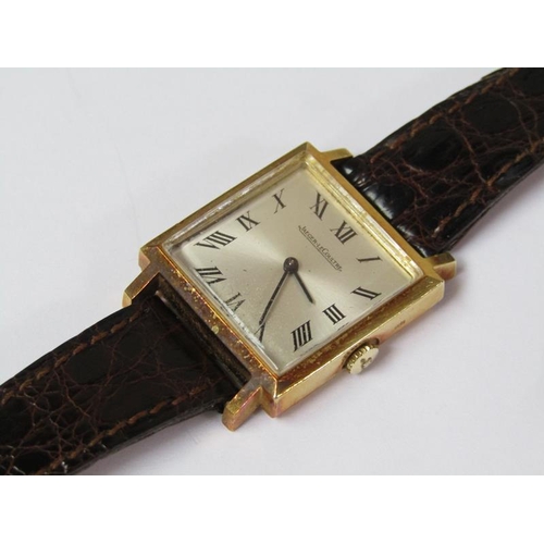 1422 - 18ct GOLD JAEGER LE COUTRE GOLD WATCH ON LEATHER STRAP