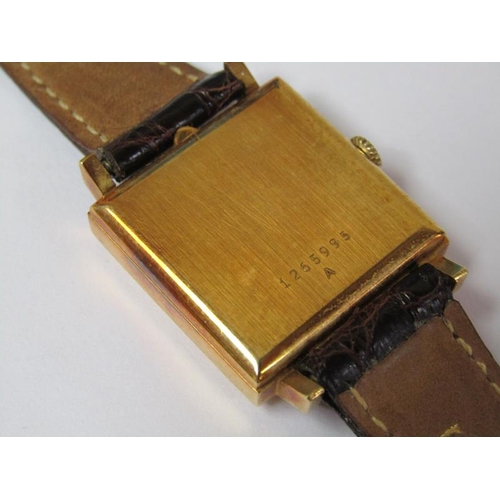 1422 - 18ct GOLD JAEGER LE COUTRE GOLD WATCH ON LEATHER STRAP