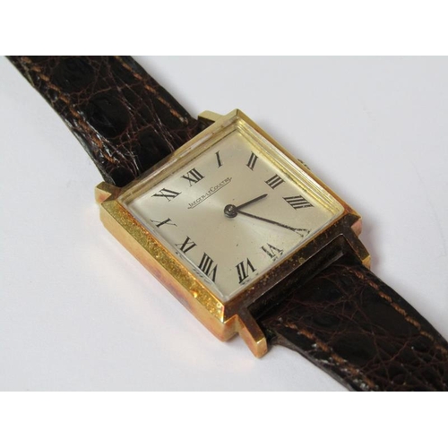 1422 - 18ct GOLD JAEGER LE COUTRE GOLD WATCH ON LEATHER STRAP