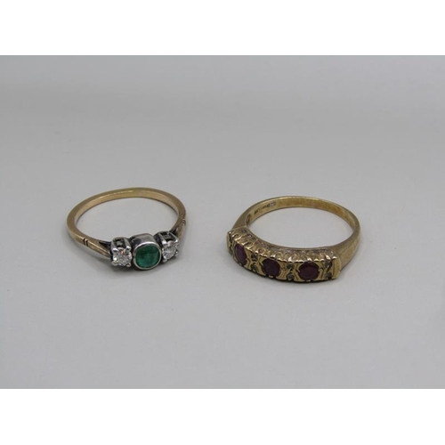 1423 - TWO GOLD RINGS, ONE SET WITH EMERALD AND DIAMOND, THE OTHER RUBY