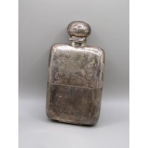 1426 - SILVER POCKET FLASK WITH HINGED SCREW DOME TOP AND PULL OFF TOP - 13cms L