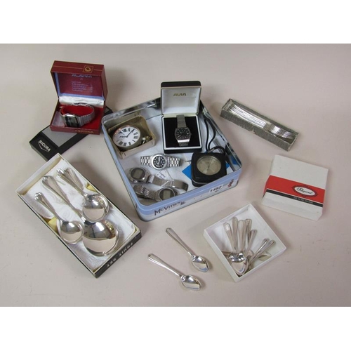 1482 - BOX OF MISC. TEASPOONS, DESSERT FORKS, WATCHES, AUTOMETER ETC.