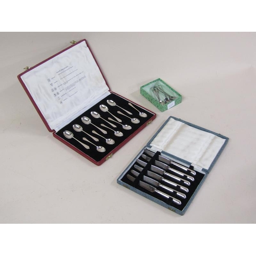 1523 - FIVE SILVER TEASPOONS, BOX OF SILVER HANDLED BUTTER KNIVES AND BOX OF 12 SILVER TEASPOONS