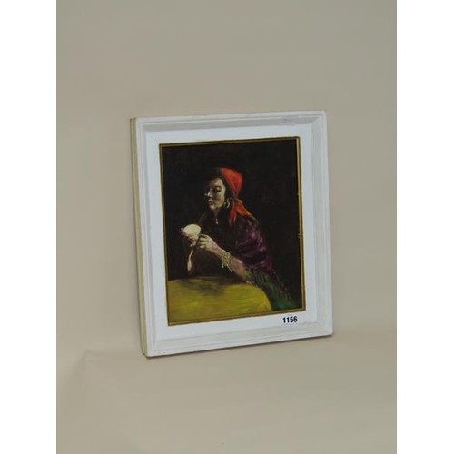 1156 - UNSIGNED - FORTUNE TELLER, OIL ON BOARD, FRAMED, 29CM X 24CM