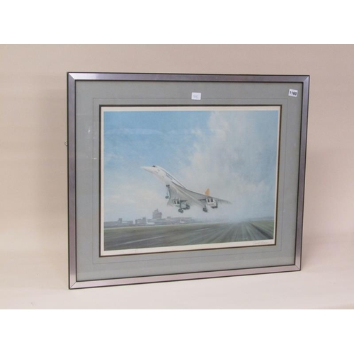 1160 - GERALD COULSON, CONCORDE TAKING OFF, A SIGNED COLOURED PRINT 48 x 61 cms  WITH A FRAMED PHOTOGRAPHIC... 