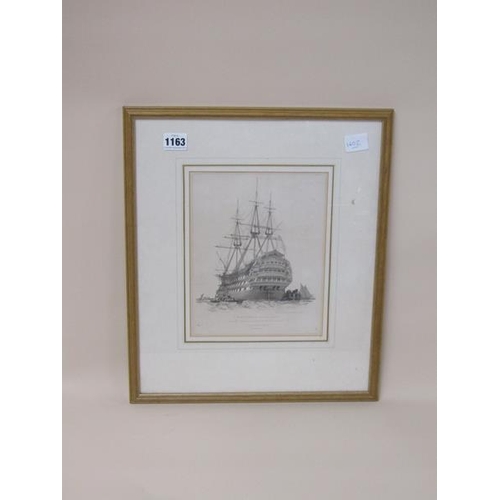 1163 - BLACK AND WHITE ETCHING HMS PRINCE F/G 23 x 19 cms