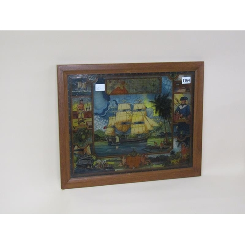 1164 - PAINTING ON GLASS HMS BOUNTY 1789, WITH A BORDER OF CREW MEMBERS AND CAPT. WILLIAM BLY, FRAMED