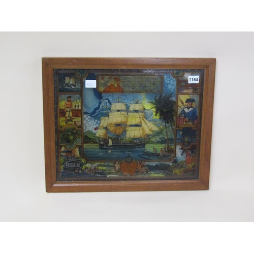 1164 - PAINTING ON GLASS HMS BOUNTY 1789, WITH A BORDER OF CREW MEMBERS AND CAPT. WILLIAM BLY, FRAMED