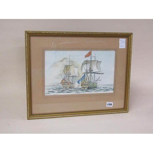 1169 - D E DAVIES, HMS CENTURION ENGAGING THE CORANDONGA, WATERCOLOUR F/G 20 x 33 cms