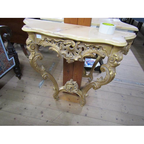 1691 - PAIR OF CARVED GILT WOOD SERPENTINE PINK MARBLE TOP CONSOLE TABLES