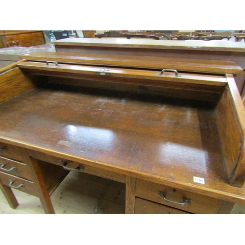 1709 - EDWARDIAN OAK ROLL TOP PEDESTAL DESK, 136CM W, 100CM H