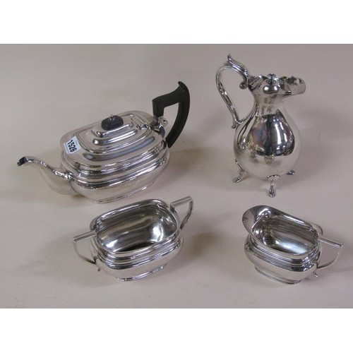 1526 - SILVER PLATED TWO HANDLED TEA TRAY TOGETHER WITH FOUR PIECE TEASET THEREON