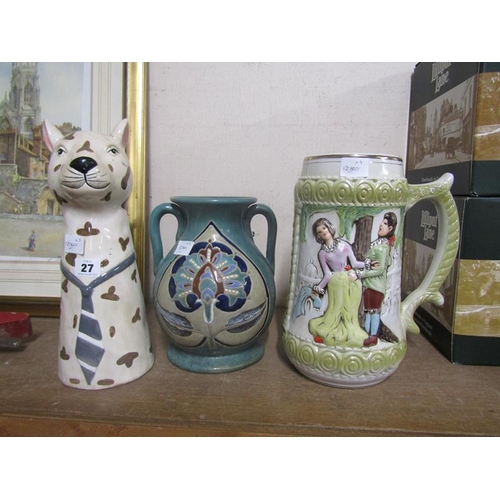 27 - ART POTTERY JUG; VASE; DOG VASE