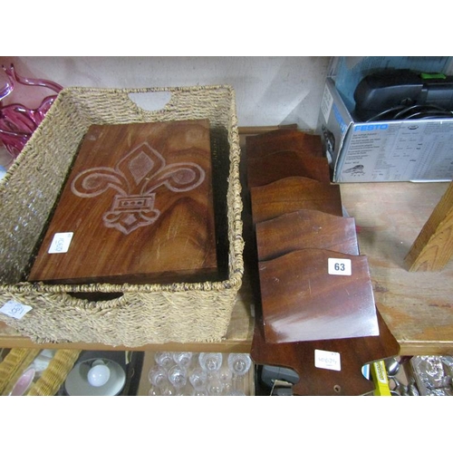 63 - CARVED WOODEN BOX; RACK; BASKET