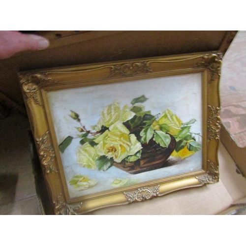 192 - BOX OF FRAMED OILS ETC