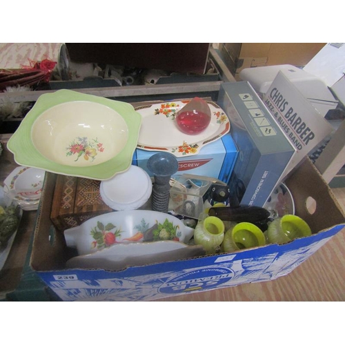 239 - BOX OF PYREX, ART GLASS ETC