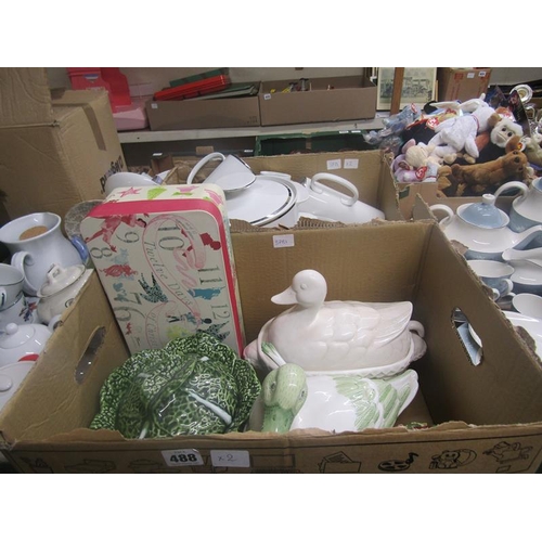 488 - TWO BOXES OF TEA AND TABLEWARES, DUCK TUREEN ETC