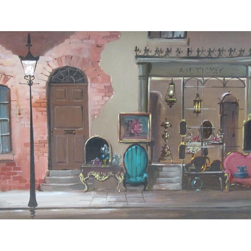 1207 - DEBORAH JONES - AH TICKEY ANTIQUE SHOP, SIGNED OIL ON BOARD, FRAMED, 30CM X 76CM