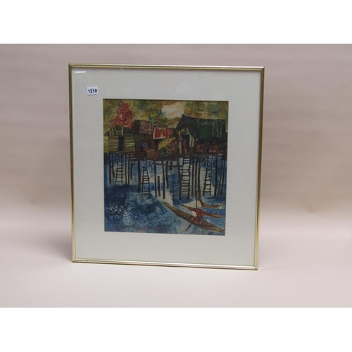 1210 - S HEMSLEY 1974 - ORIENTAL STILTED VILLAGE, FRAMED OELOGRAPH, F/G,