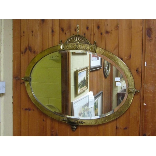 1213 - 19C BRASS FRAMED OVAL WALL MIRROR 90CM X 68CM