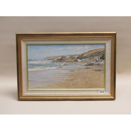 1214 - DUGALD STARK - ROCKY COASTAL SCENE, SIGNED OIL ON CANVAS, FRAMED, 29CM X 50CM