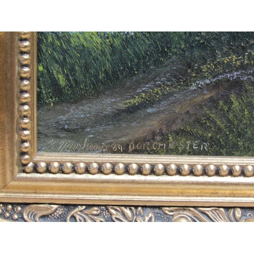 1215 - F MASKENS - DORCHESTER, SIGNED OIL ON CANVAS, FRAMED, 24CM X 34CM