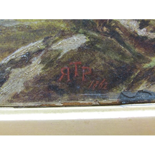 1220 - PAIR, MONO ATP 1863 - ROCKY POOL IN A WOODLAND SETTING & TWO FIGURES ON BANKS OF RIVER, SIGNED IN MO... 