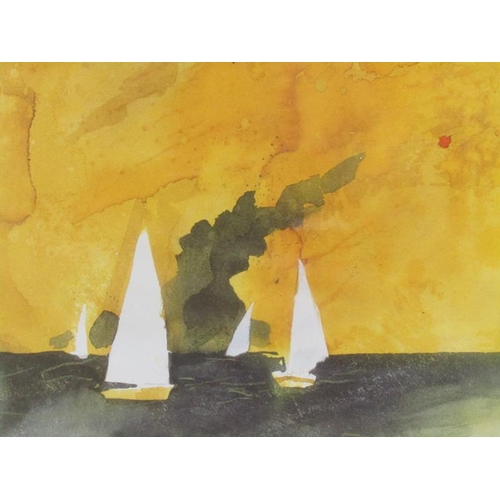 1232 - KATHERINE ? - SIGNED COLOURED PRINTS - SAILBOAT WITH CLOUD & COASTAL SCENE, EACH 32CM X 80CM