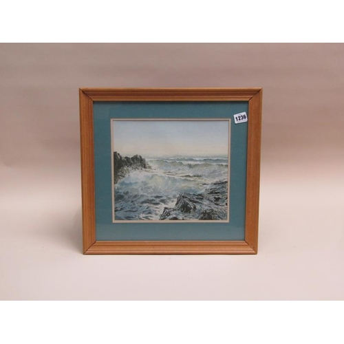 1236 - MORROW - ROUGH COASTAL SCENE SURGING WATERS, SIGNED WATERCOLOUR, F/G, 26CM X 29CM