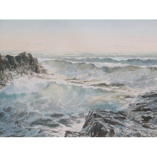 1236 - MORROW - ROUGH COASTAL SCENE SURGING WATERS, SIGNED WATERCOLOUR, F/G, 26CM X 29CM