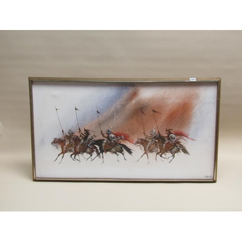 1237 - SOLIESKI - ORIENTAL WARRIORS, SIGNED OIL ON CANVAS, FRAMED, 100CM X 55CM