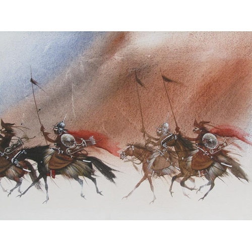 1237 - SOLIESKI - ORIENTAL WARRIORS, SIGNED OIL ON CANVAS, FRAMED, 100CM X 55CM