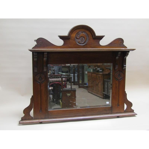 1247 - ART NOUVEAU PERIOD WALNUT FRAMED OVERMANTEL MIRROR, 96CM X 90CM