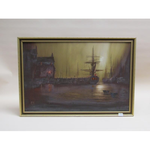 1248 - HILTON - A NIGHT TIME HARBOUR SCENE, SIGNED OIL ON CANVAS, FRAMED, 50CM X 75CM