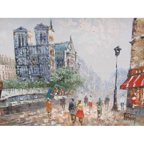 1250 - BURNETT - THREE FRAMED OIL ON CANVAS - PARISIAN STREET SCENES, 30CM X 40CM, 50CM X 60CM & 40CM X 50C... 