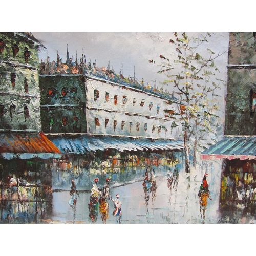 1250 - BURNETT - THREE FRAMED OIL ON CANVAS - PARISIAN STREET SCENES, 30CM X 40CM, 50CM X 60CM & 40CM X 50C... 