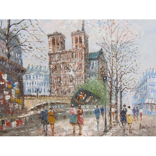 1250 - BURNETT - THREE FRAMED OIL ON CANVAS - PARISIAN STREET SCENES, 30CM X 40CM, 50CM X 60CM & 40CM X 50C... 