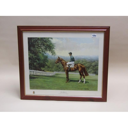 1253 - FRAMED COLOURED HORSE RACING PRINT - SEABIRD II, BY ROY MILLER, F/G, 40CM X 52CM