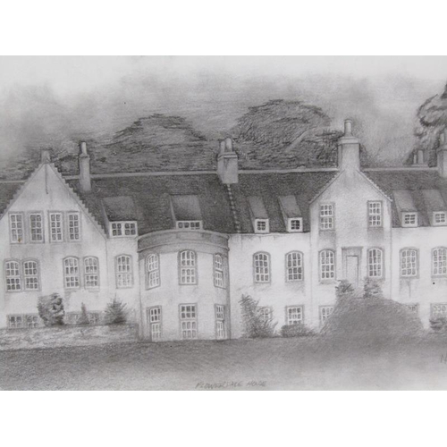 1264 - 19C PENCIL SKETCH OF FLOWER DALE HOUSE BY N BRADY 99; TWO 19C B&W CHARACTER ETCHINGS - GOLFING & STA... 