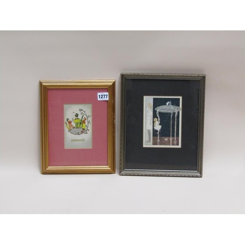 1277 - FRAMED 19C ANNIVERSARY COLOURED PRINT; ART DECO PERIOD PRINT, EACH APPROX 14CM X 11CM