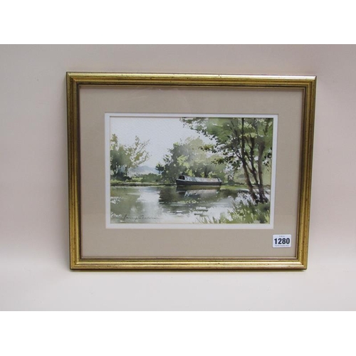 1280 - HARRY SHELDON - NARROWBOAT ON GRAND UNION CANAL, SIGNED WATERCOLOUR, F/G, 18CM X 26CM