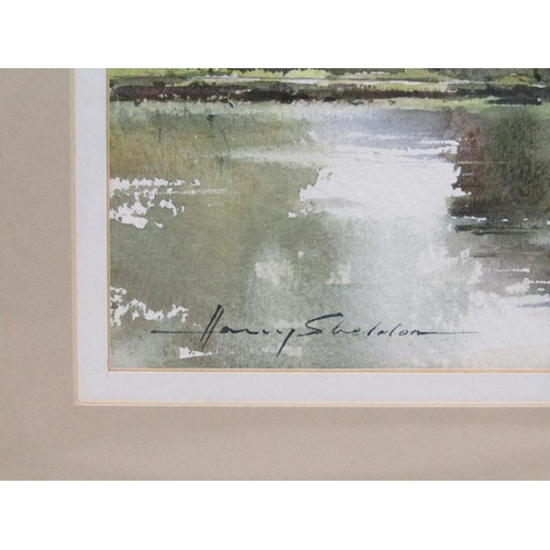 1280 - HARRY SHELDON - NARROWBOAT ON GRAND UNION CANAL, SIGNED WATERCOLOUR, F/G, 18CM X 26CM