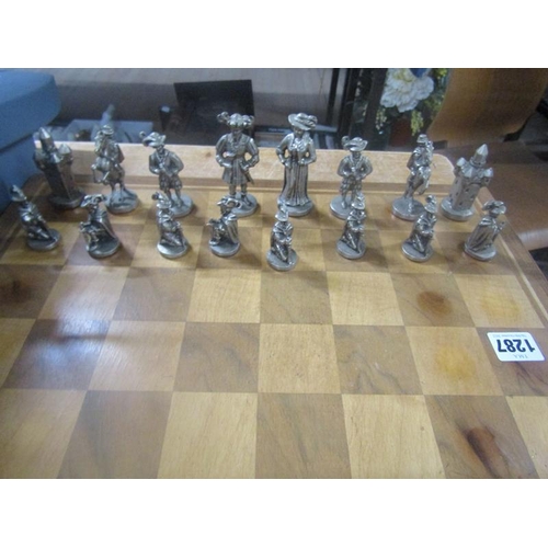 1287 - CHESS BOARD, 46CM SQ; SET OF CAST MEDIEVAL PIECES