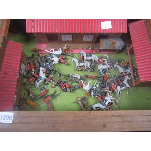 1296 - COLLECTION OF CAST COLD PAINTED VINTAGE SOLDIERS; FORT, 52CM W