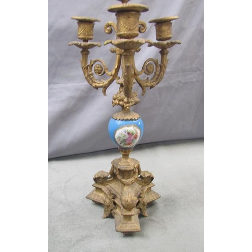 1429 - FRENCH GILT PAINTED CANDELABRA WITH SEVRES TYPE PLAQUE, 45CM H